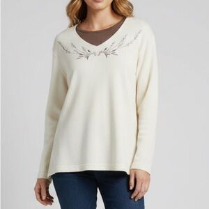 Bobbie Brooks L 12/14 Embroidered Knit Top Cream Layered Look V-Neck